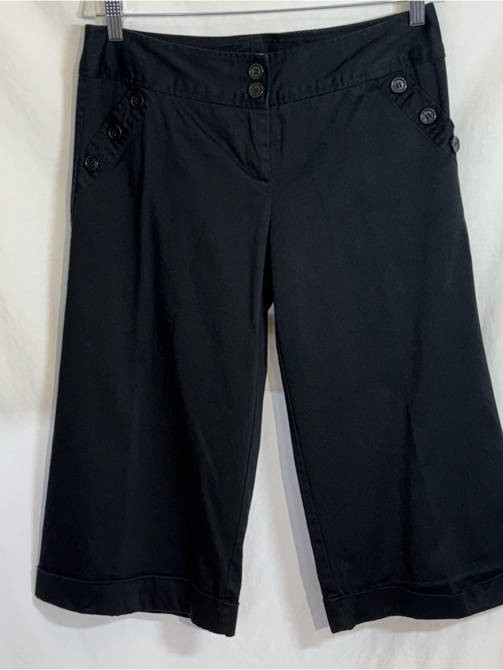 Black Cropped Capri Wide Leg Cuffed Gaucho Pants Business Sailor Cotton Size 12